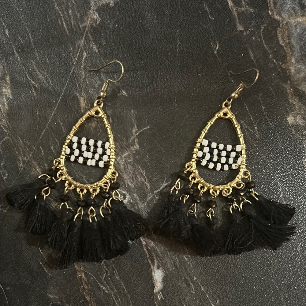 🪄Handmade by me🪄Black and Gold Beaded Tassel Earrings